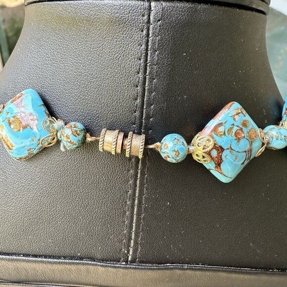 VTG‎ Venetian Turquoise Aventurine Murano Glass Bead Necklace + Earrings 18" - Picture 6 of 13